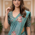 Elegant Teal Blue Floral Printed Linen Silk Saree