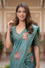 Elegant Teal Blue Floral Printed Linen Silk Saree