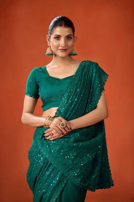 Green Sequin Embellished Georgette Saree with Scalloped Border