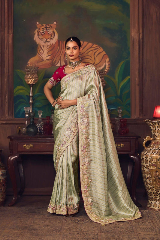 Sage Green Silk Saree and Contrast Maroon Blouse