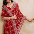 Red Printed Saree Traditional Motif Design Decorative Border