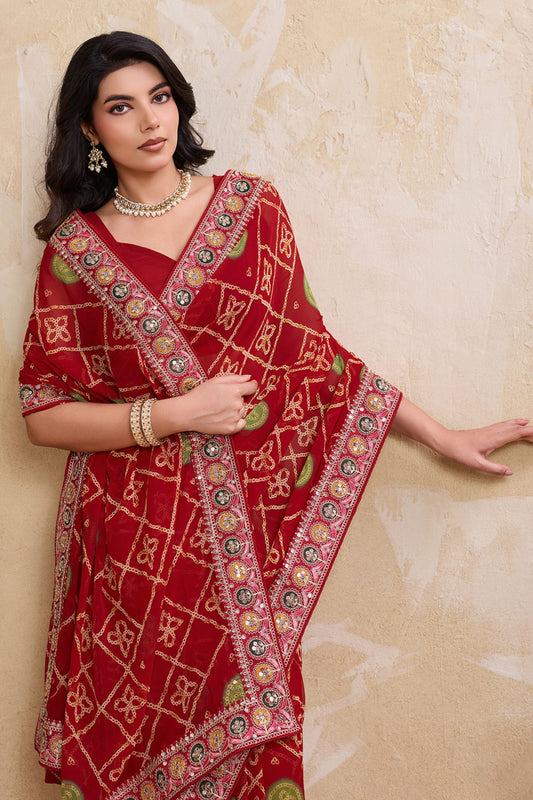 Red Printed Saree Traditional Motif Design Decorative Border