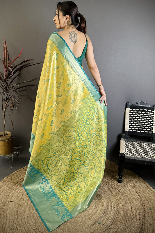 Mustard Yellow Teal Blue Kanjivaram Silk Saree Rich Zari Woven Border
