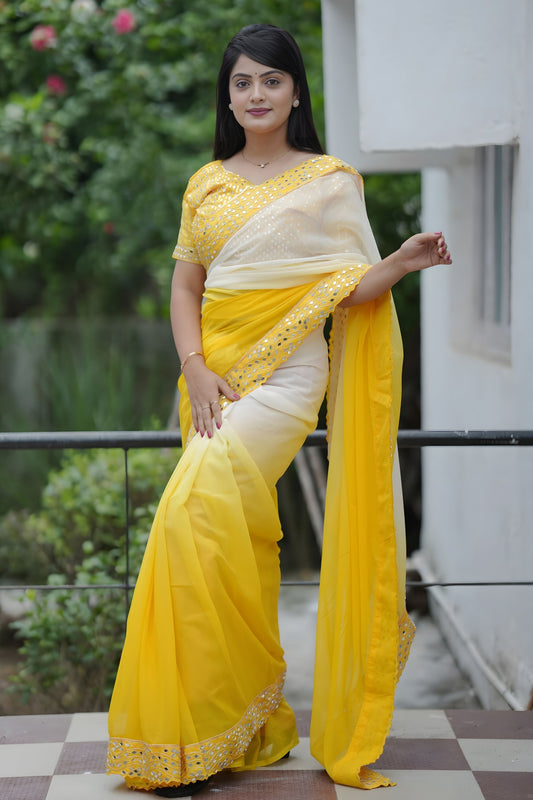 Yellow Cream Georgette Saree Embroidered Border Designer Blouse