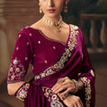 Wine Purple Saree with Silver Embroidery Wedding Silk Saree
