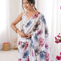 White Floral Digital Printed Linen Saree with Designer Lace Border