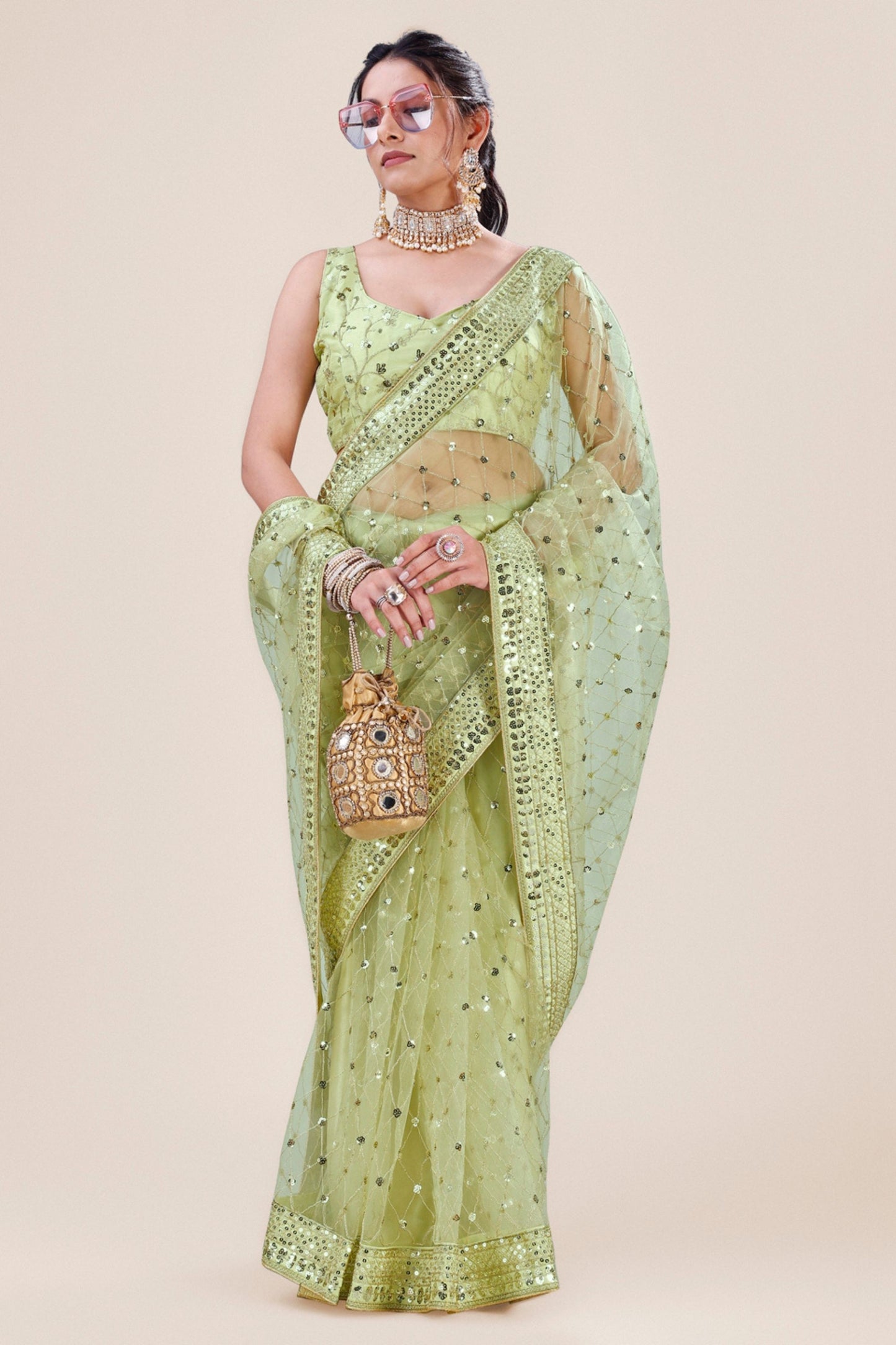 Pistachio Green Net Saree Heavy Sequins Embroidery Designer Blouse