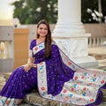 Deep Purple Floral Woven Linen Silk Saree Designer Peacock Border