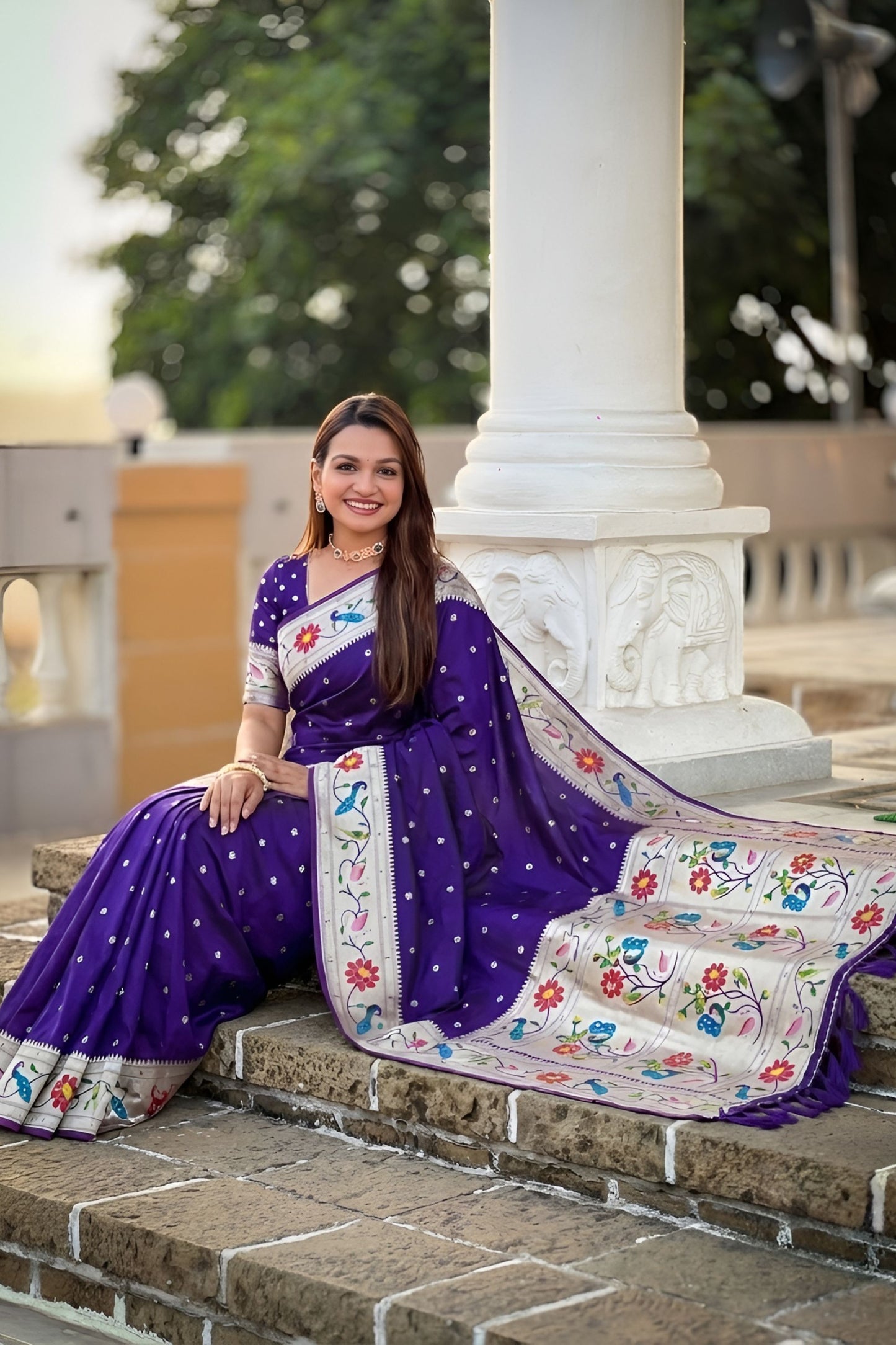 Deep Purple Floral Woven Linen Silk Saree Designer Peacock Border