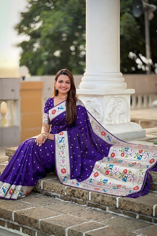 Deep Purple Floral Woven Linen Silk Saree Designer Peacock Border