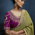 Luxury Olive Green Embroidered Saree with Designer Blouse