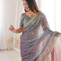Grey Blue Organza Silk Saree Golden Thread Embroidery Blouse