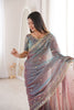 Grey Blue Organza Silk Saree Golden Thread Embroidery Blouse