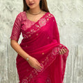 Rani Pink Organza Saree Floral Embroidery Designer Blouse
