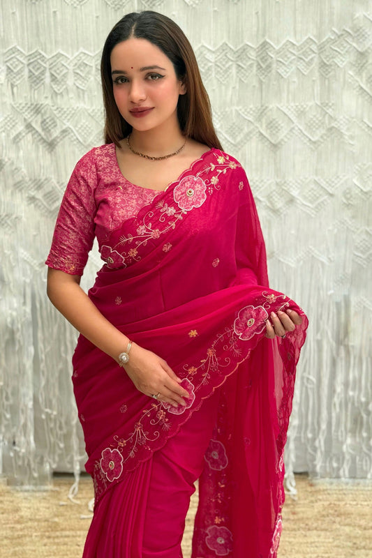 Rani Pink Organza Saree Floral Embroidery Designer Blouse
