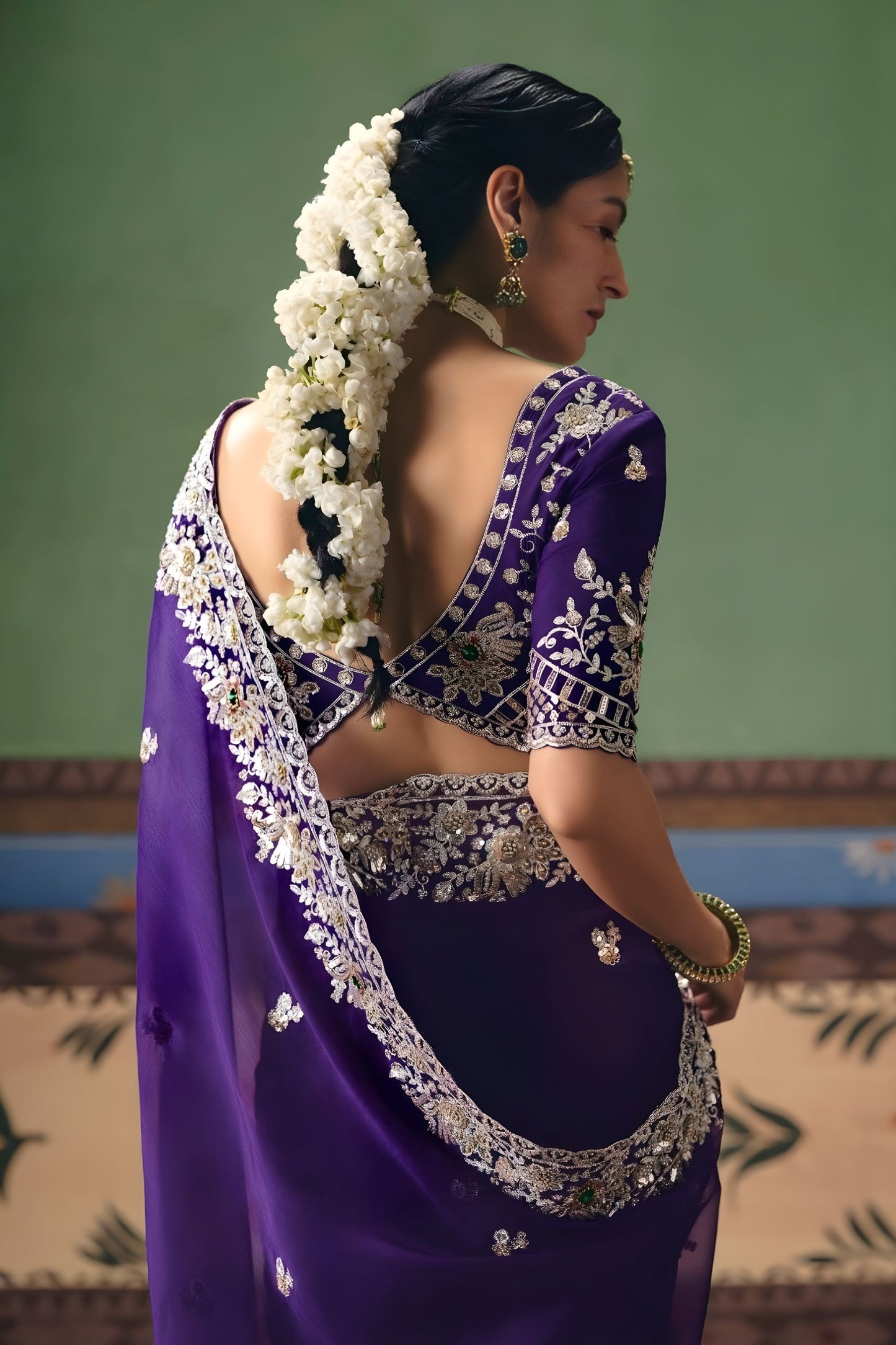 Royal Purple Organza Silk Saree Heavy Silver Zari Embroidery Border