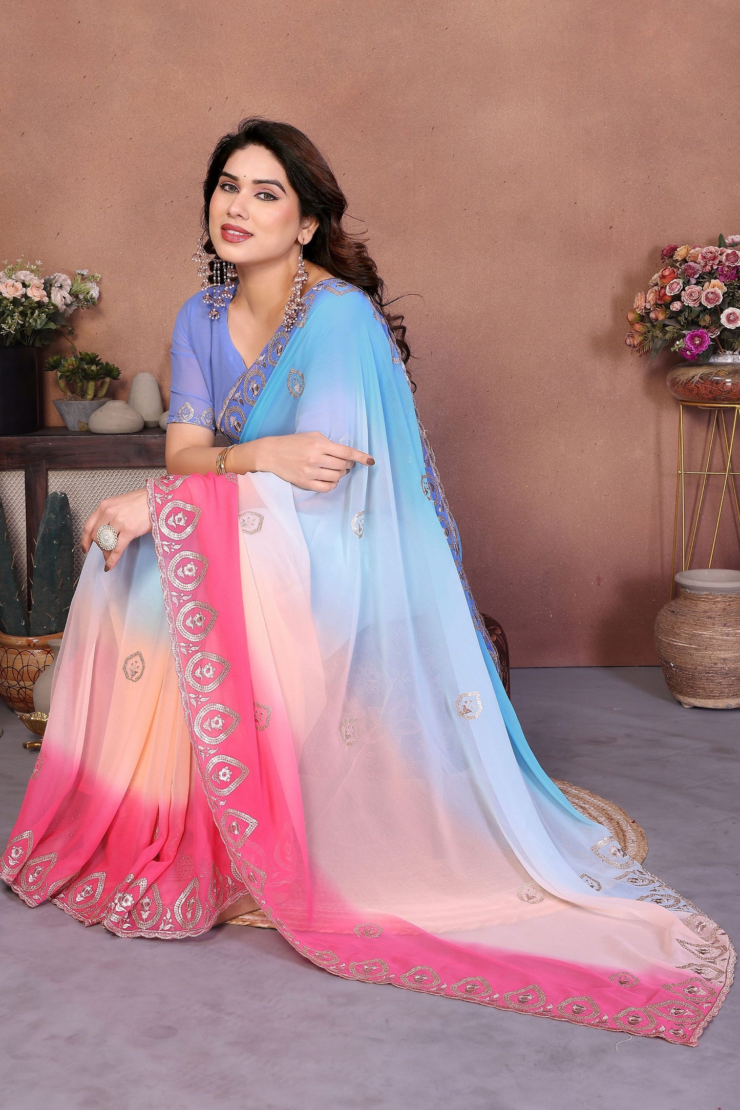 Sky Blue and Pink Georgette Saree Embroidered Border Work