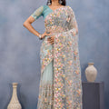Sea Green Floral Embroidered Net Saree with Designer Border
