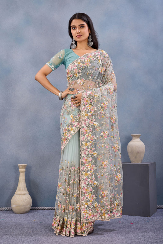Sea Green Floral Embroidered Net Saree with Designer Border