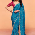 Teal Blue Designer Saree Embroidered Contrast Pink Blouse