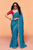 Teal Blue Designer Saree Embroidered Contrast Pink Blouse