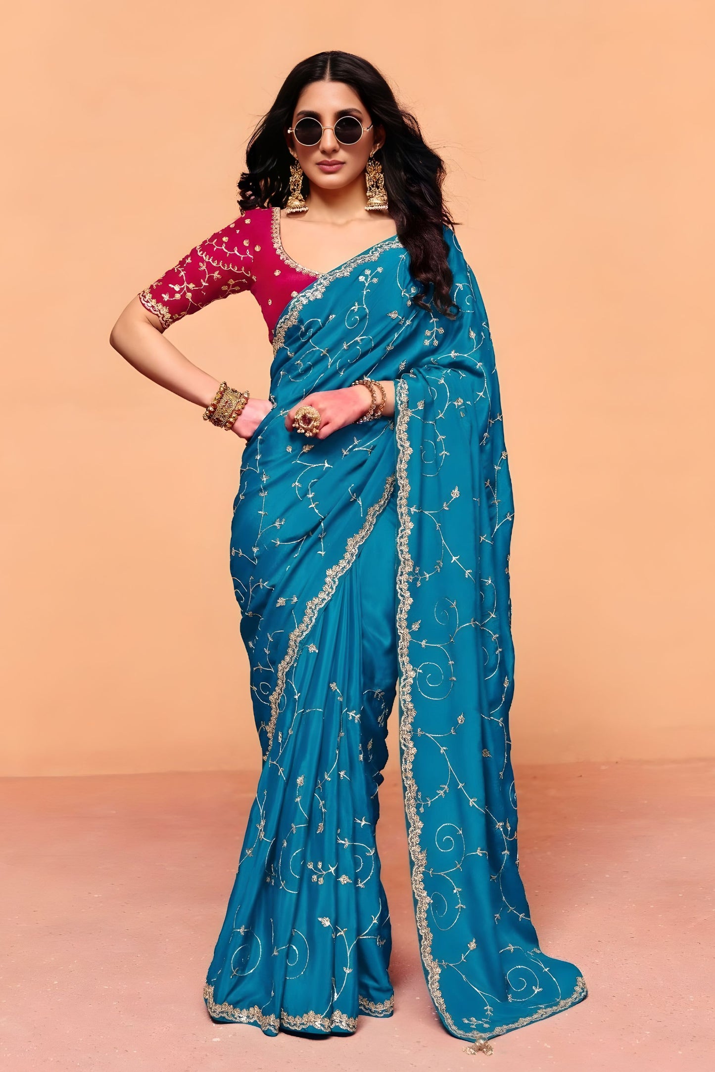 Teal Blue Designer Saree Embroidered Contrast Pink Blouse