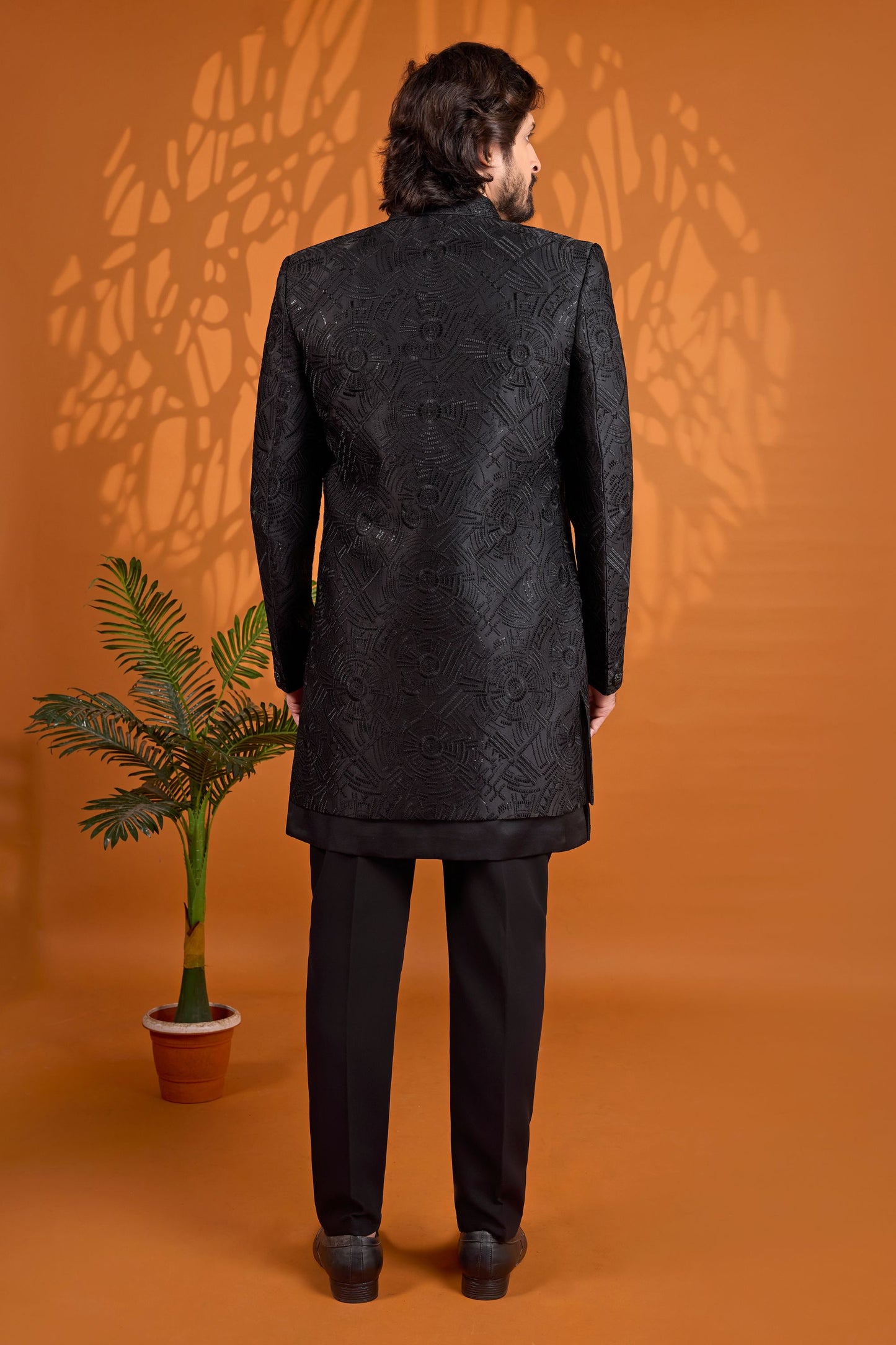 Stylish Black Indo Western Sherwani for Men with Designer Jacquard Jacket