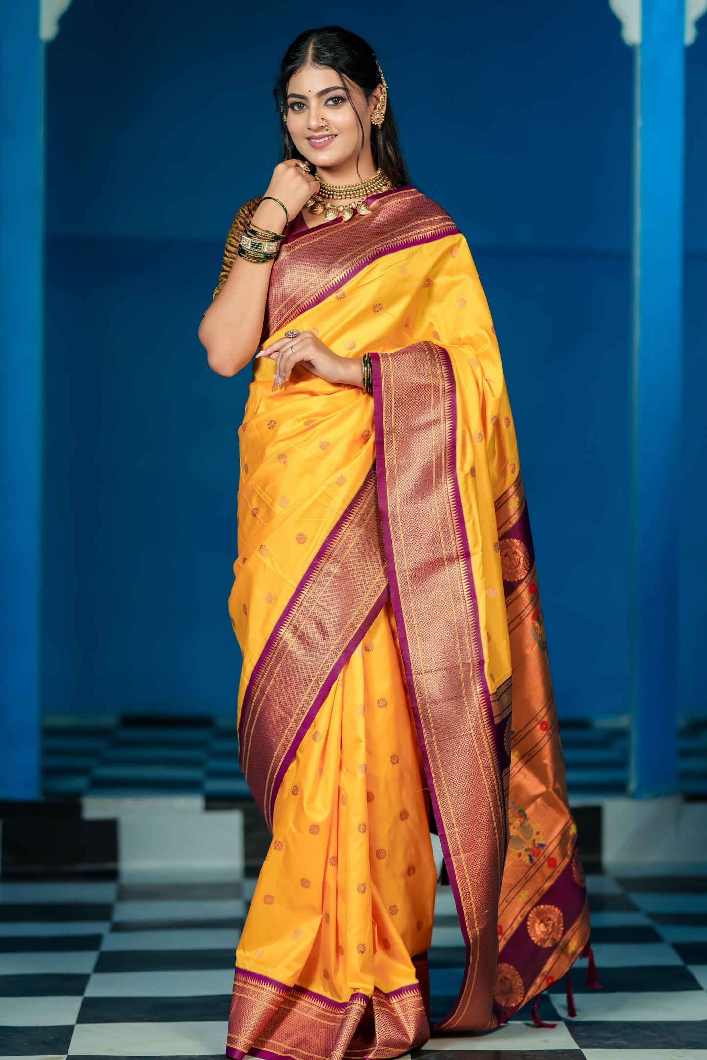 Mustard Yellow Kanjivaram Silk Saree Gold Zari Border Butti Work