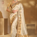 Cream Gold Embroidered Silk Saree Festive Ethnic Wear