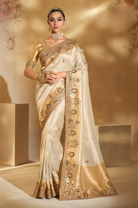 Cream Gold Embroidered Silk Saree Festive Ethnic Wear