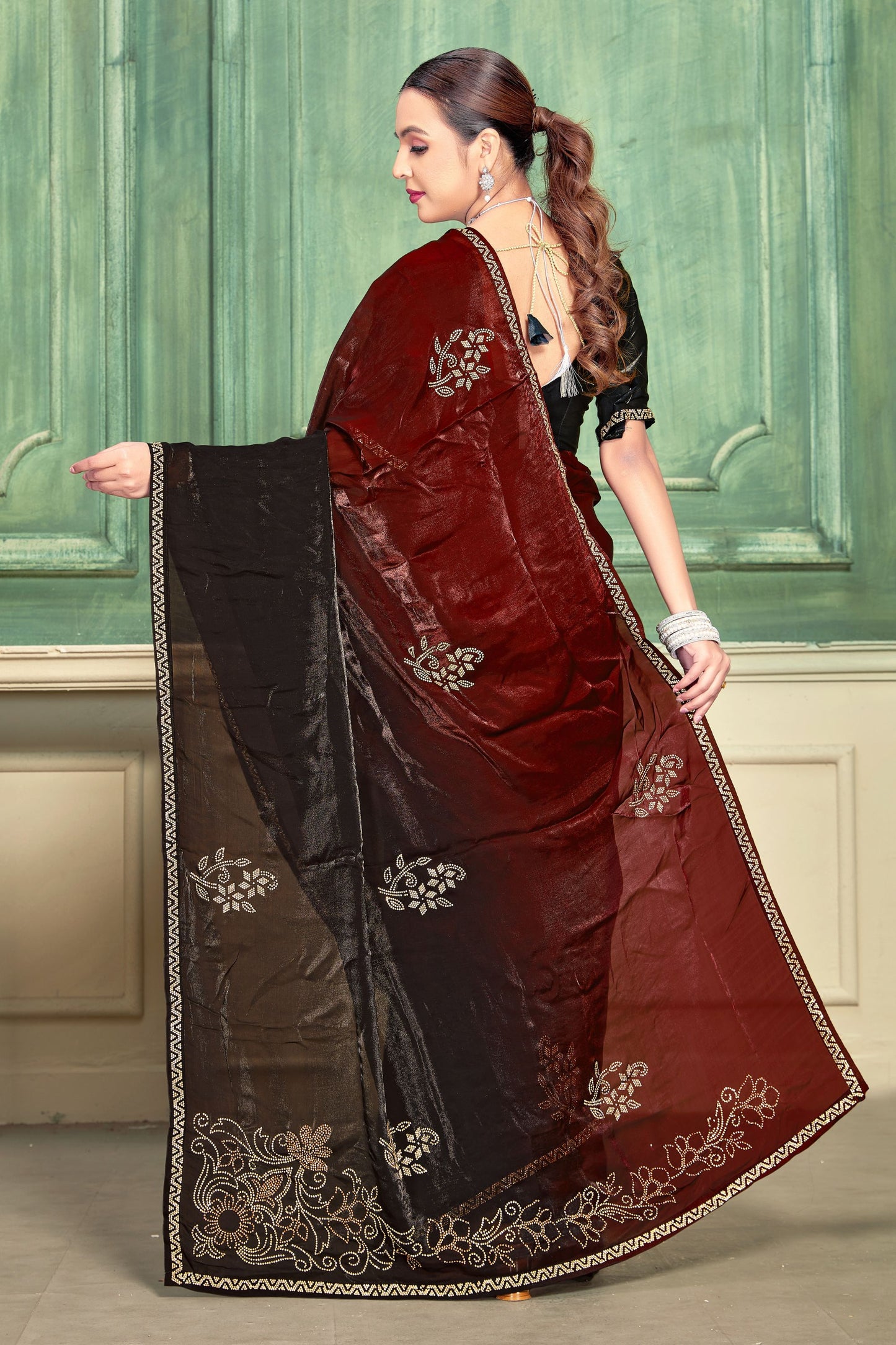 Black Maroon Velvet Embroidered Saree with Designer Blouse