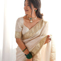 Off White Organza Silk Saree Heavy Golden Embroidered Border Sequins Work