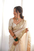 Off White Organza Silk Saree Heavy Golden Embroidered Border Sequins Work