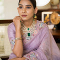 Lavender Embroidered Satin Silk Saree with Floral Designer Border