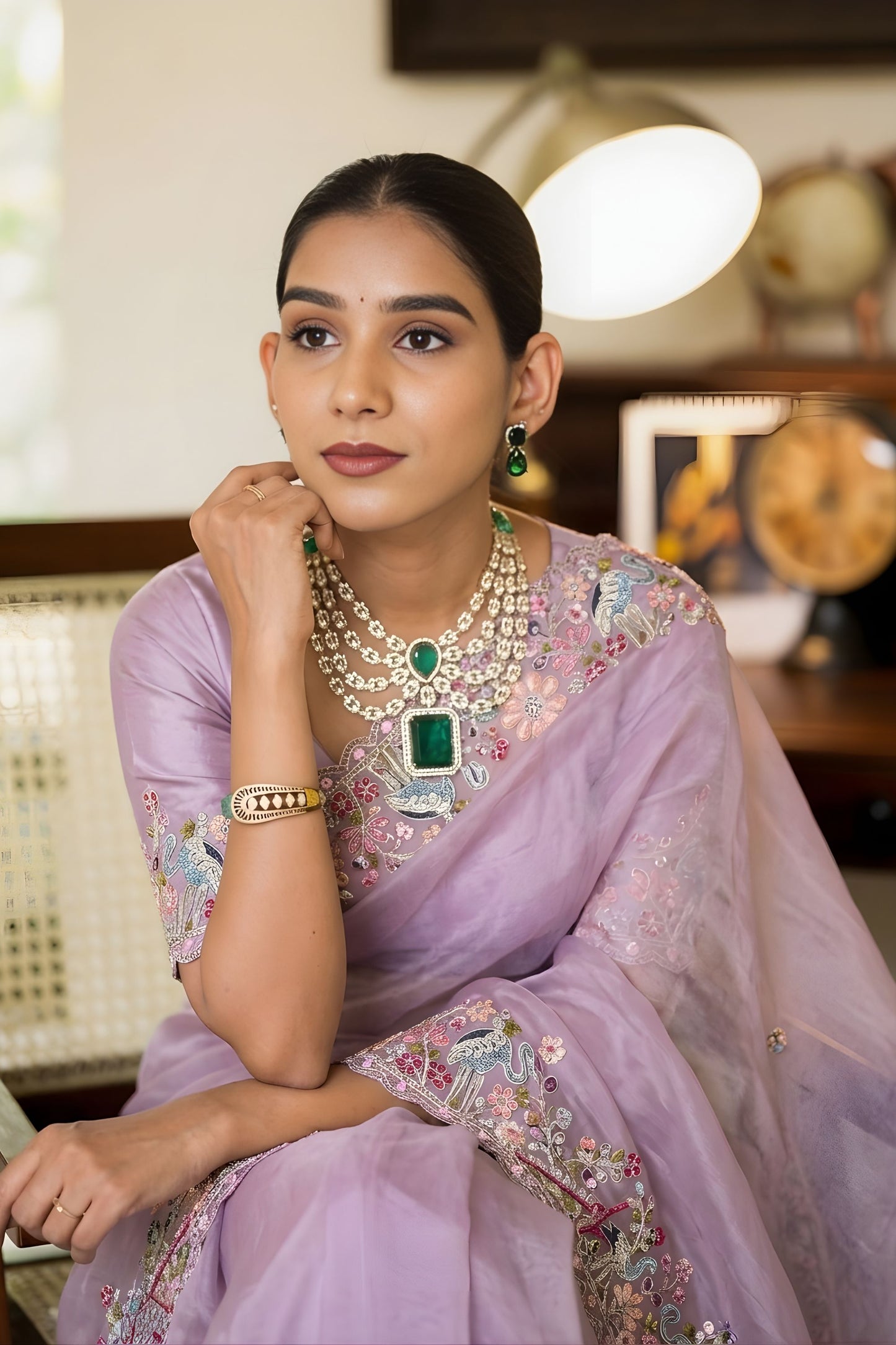 Lavender Embroidered Satin Silk Saree with Floral Designer Border