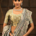 Silver Grey Embroidered Silk Saree with Zari Floral Work Wedding Wear