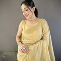 Golden Beige Linen Silk Saree with Woven Zari Border Tassel Pallu
