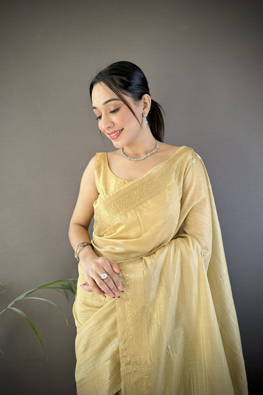 Golden Beige Linen Silk Saree with Woven Zari Border Tassel Pallu