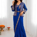 Royal Blue Designer Saree Heavy Golden Embroidered Border Matching Jacket Set