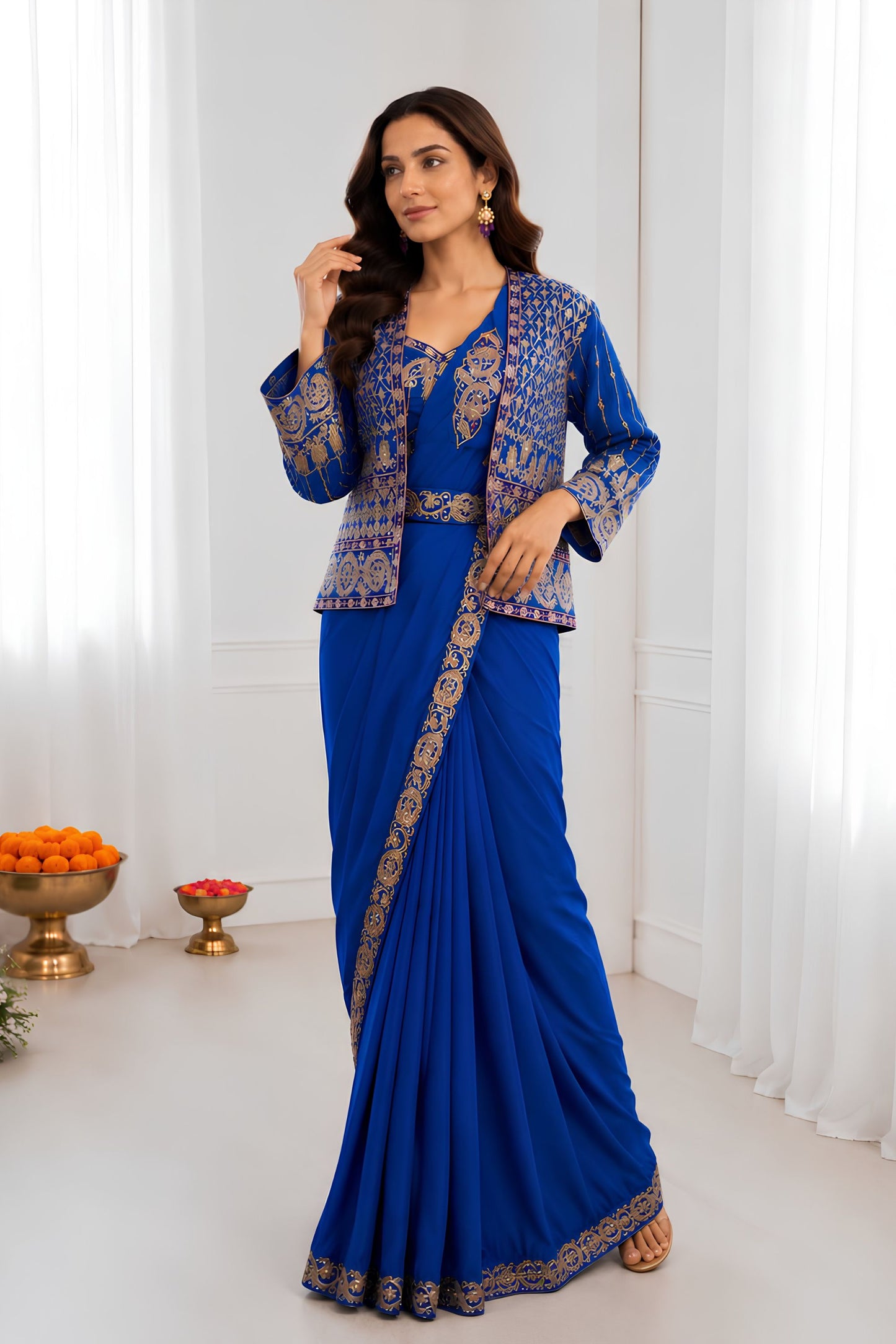 Royal Blue Designer Saree Heavy Golden Embroidered Border Matching Jacket Set