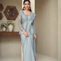 Pastel Blue Embroidered Saree with Designer Net Blouse