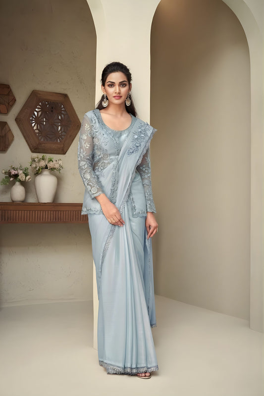 Pastel Blue Embroidered Saree with Designer Net Blouse