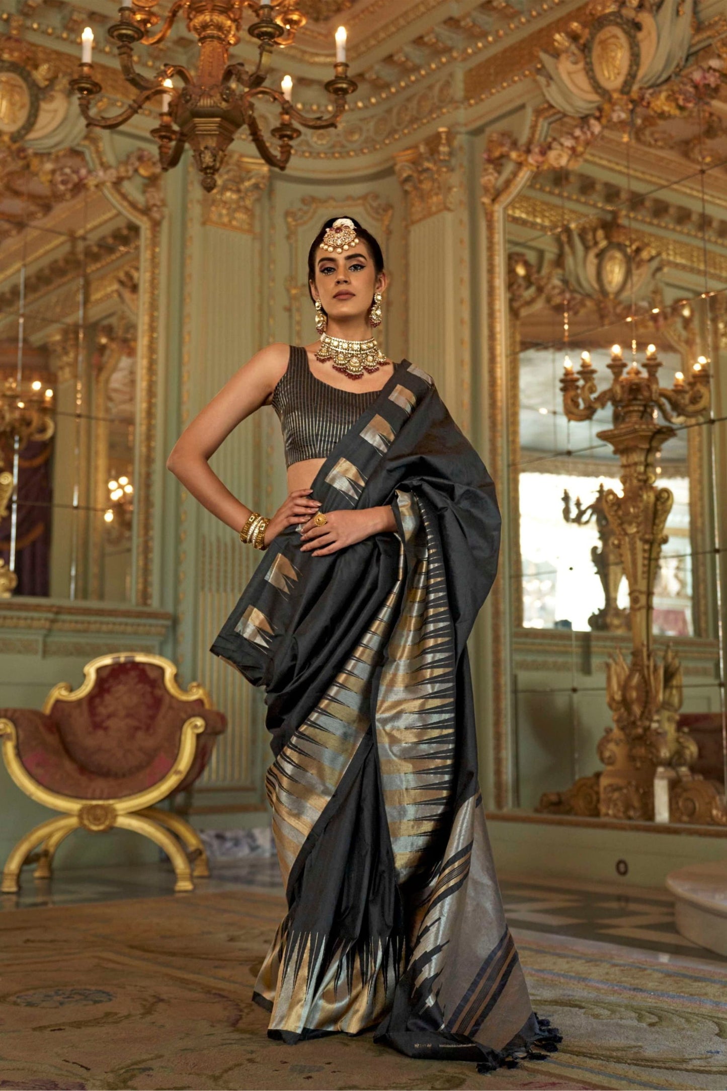  Black Silk Saree with Gold Zari Border Designer Blouse