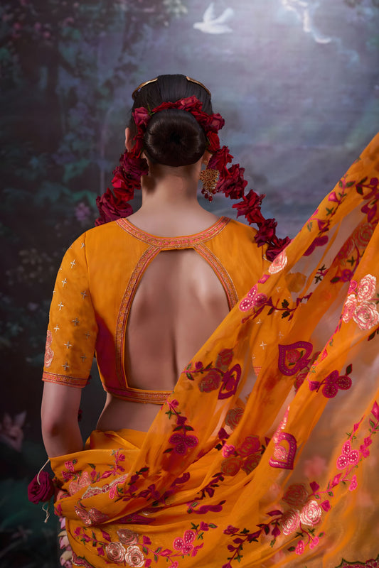 Mustard Yellow Floral Embroidered Saree Designer Blouse