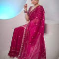 Designer Rani Pink Georgette Saree Heavy Embroidered Border Sequins Work