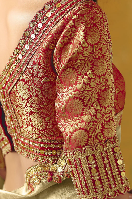 Beige Silk Saree Embroidered Red Border Readymade Blouse