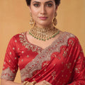 Royal Red Floral Embroidered Organza Silk Saree Heavy Sequins Border