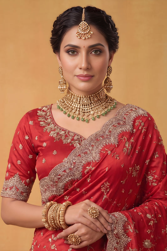 Royal Red Floral Embroidered Organza Silk Saree Heavy Sequins Border