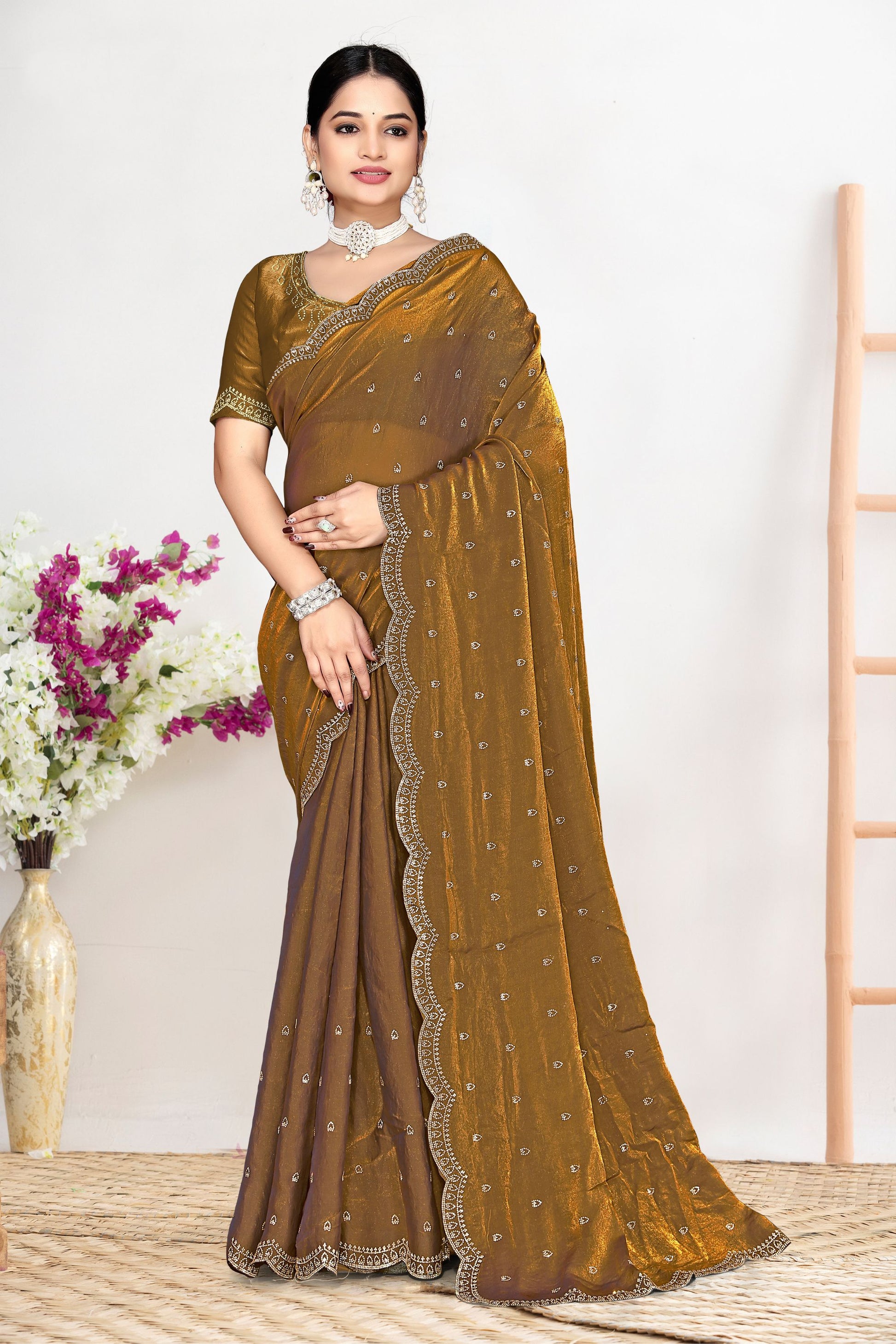 Golden Brown Silk Saree with Zari Embroidered Border