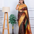 Brown Kanjivaram Silk Saree Gold Zari Border Contrast Green Pallu